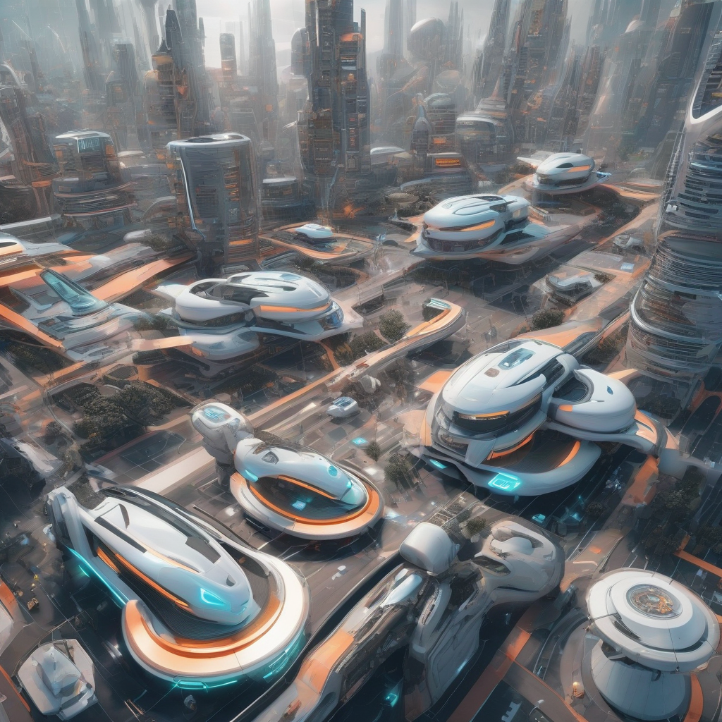 Image of a futuristic city with AI-powered robots and vehicles