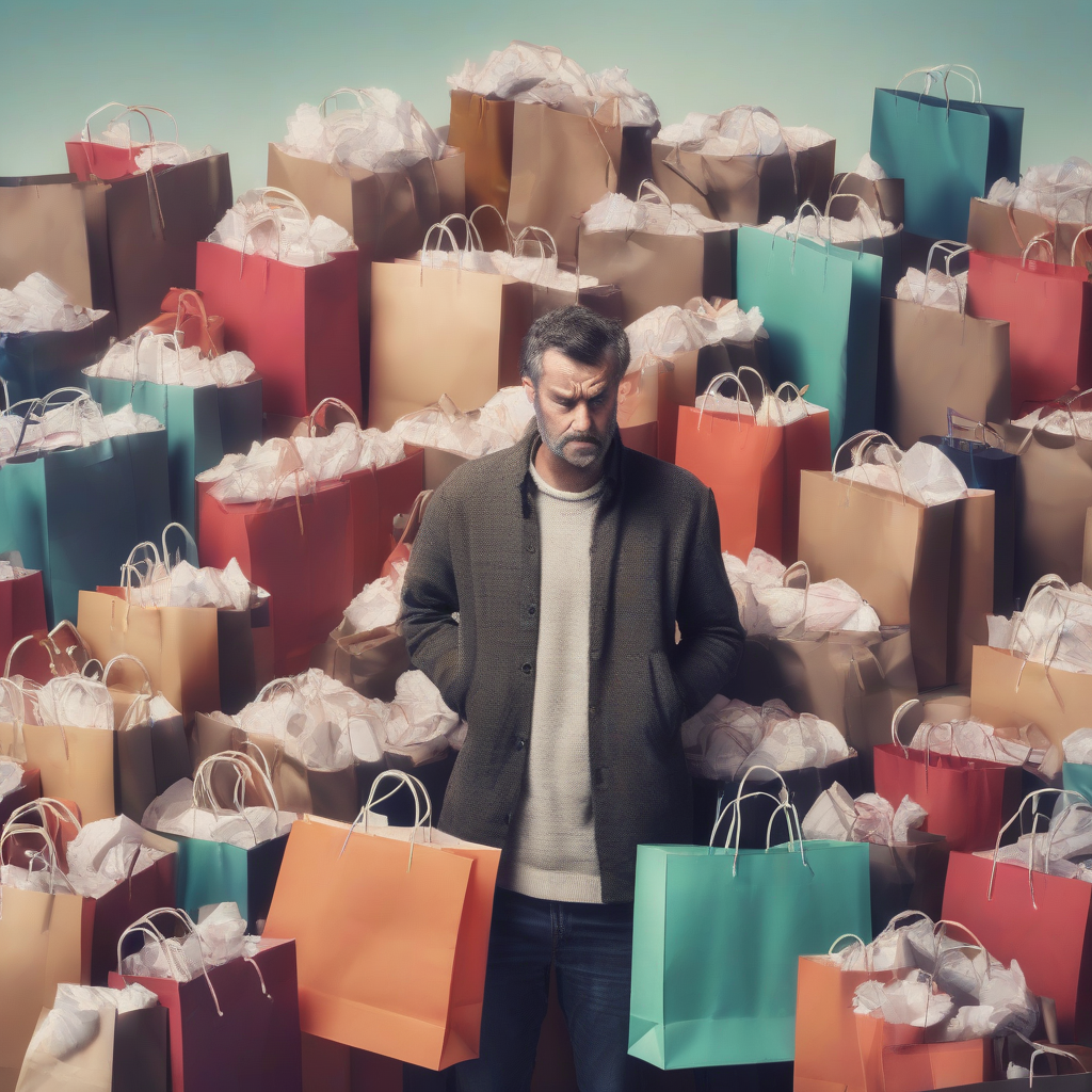 Man looking stressed in front of a mountain of shopping bags