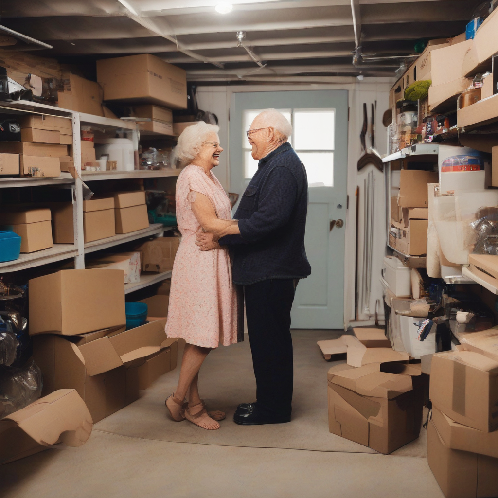 A photo of a smiling Harold and Barbara, holding hands and looking at each other lovingly. They are surrounded by boxes in their garage.