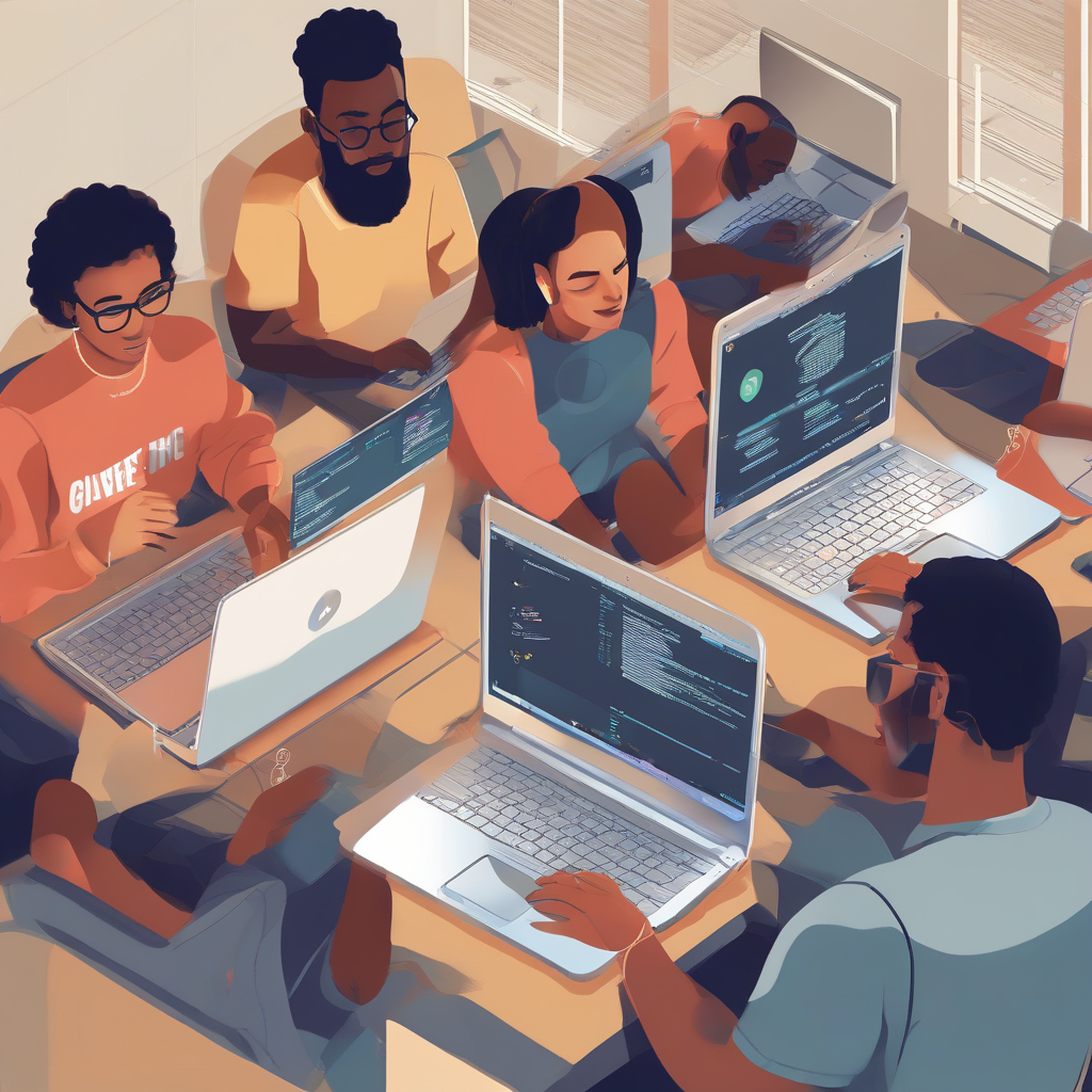 Image of a diverse group of people coding on laptops