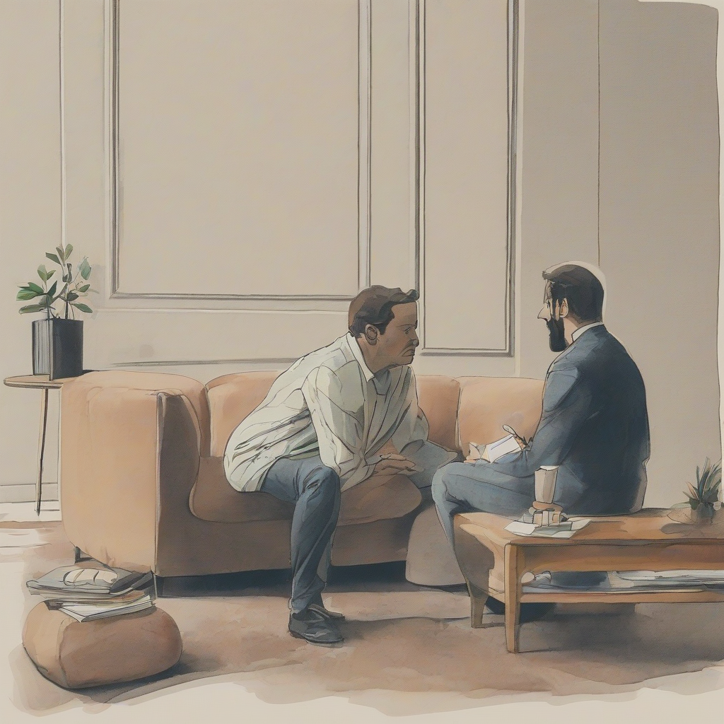 A man sitting on a couch talking to a therapist