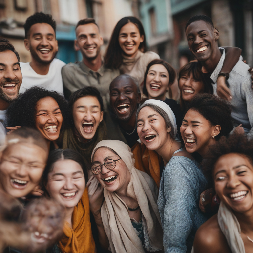 A photo of people from different cultures smiling and laughing together