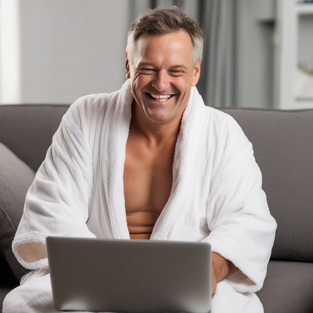 A photo of a middle-aged man in a bathrobe smiling gleefully at his laptop