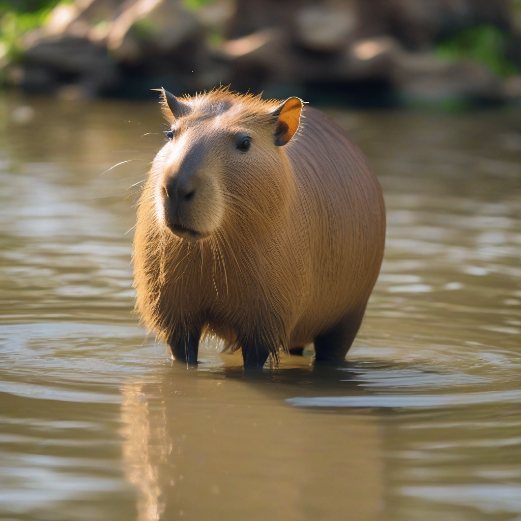 A capybara standing in water, showing its size and body shape