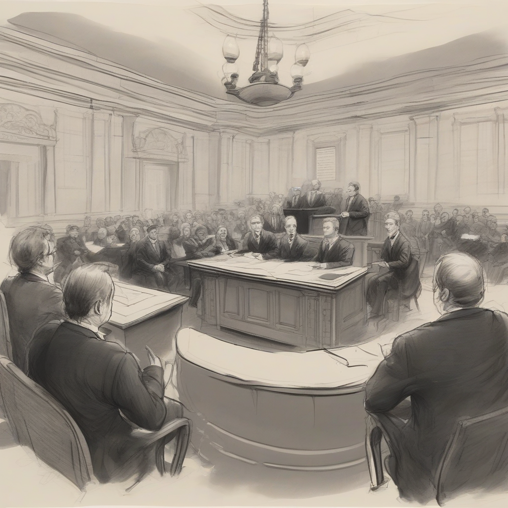 Image of a courtroom sketch depicting the trial