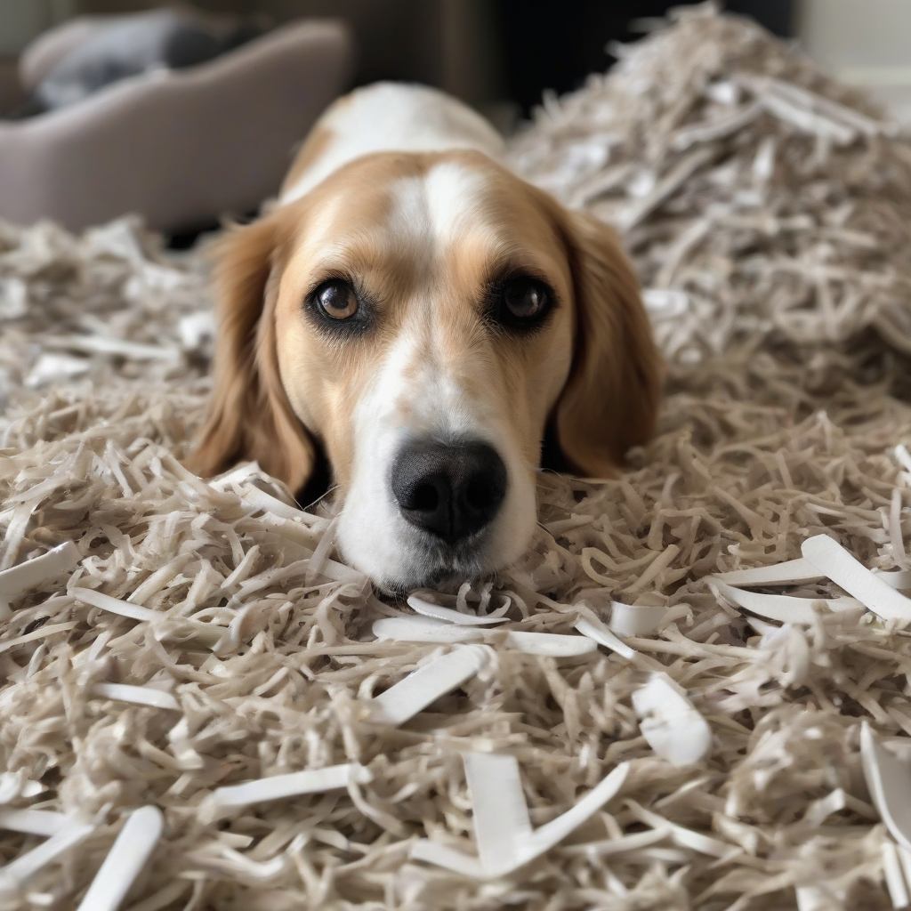 Image of a dog looking guilty near a pile of shredded slippers