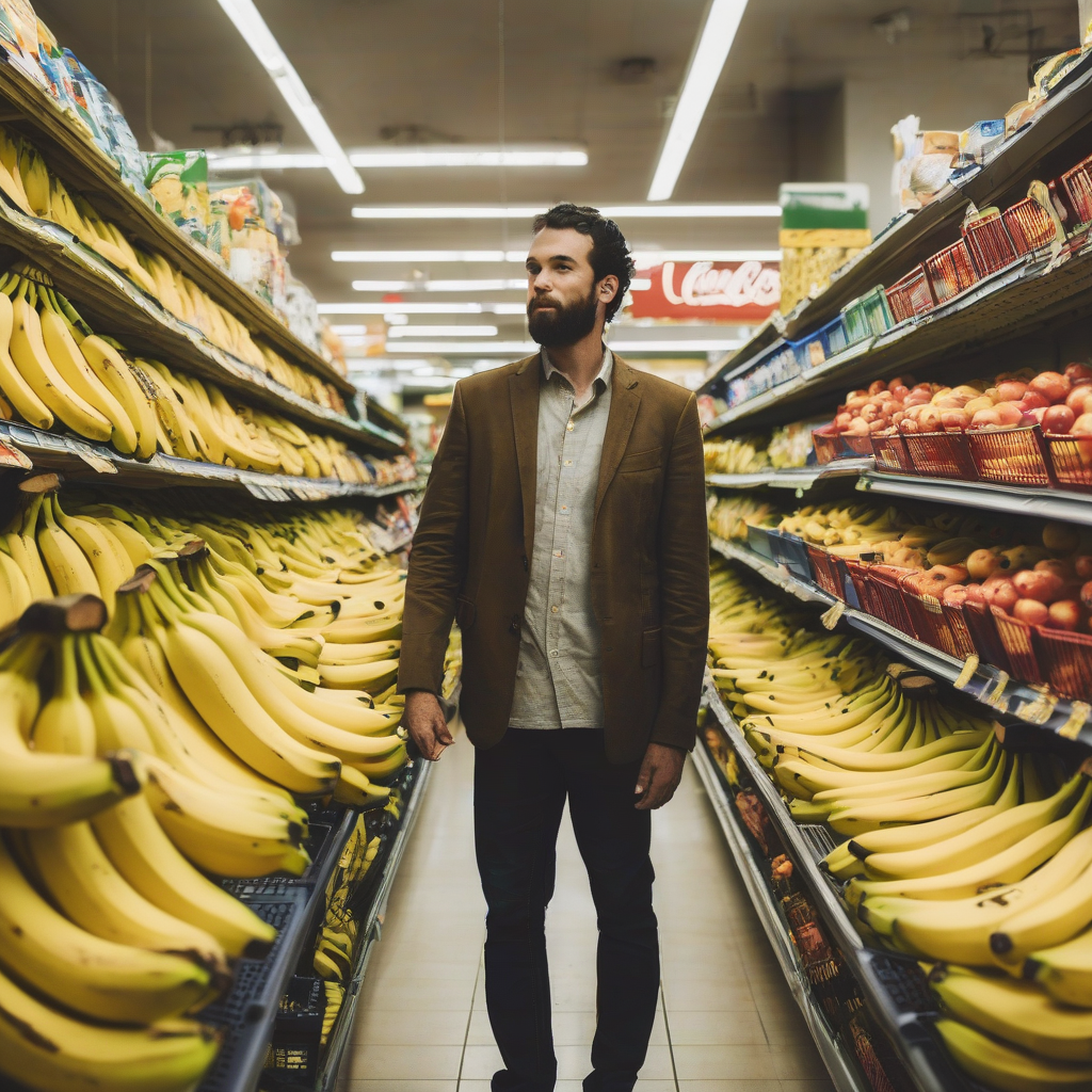 A man standing in a grocery store aisle full of bananas.