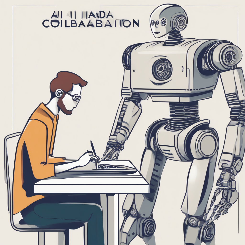 A graphic showing a robot holding a laptop and a human holding a pen and notepad, with both looking at each other and the text 'AI and Human Collaboration' above them