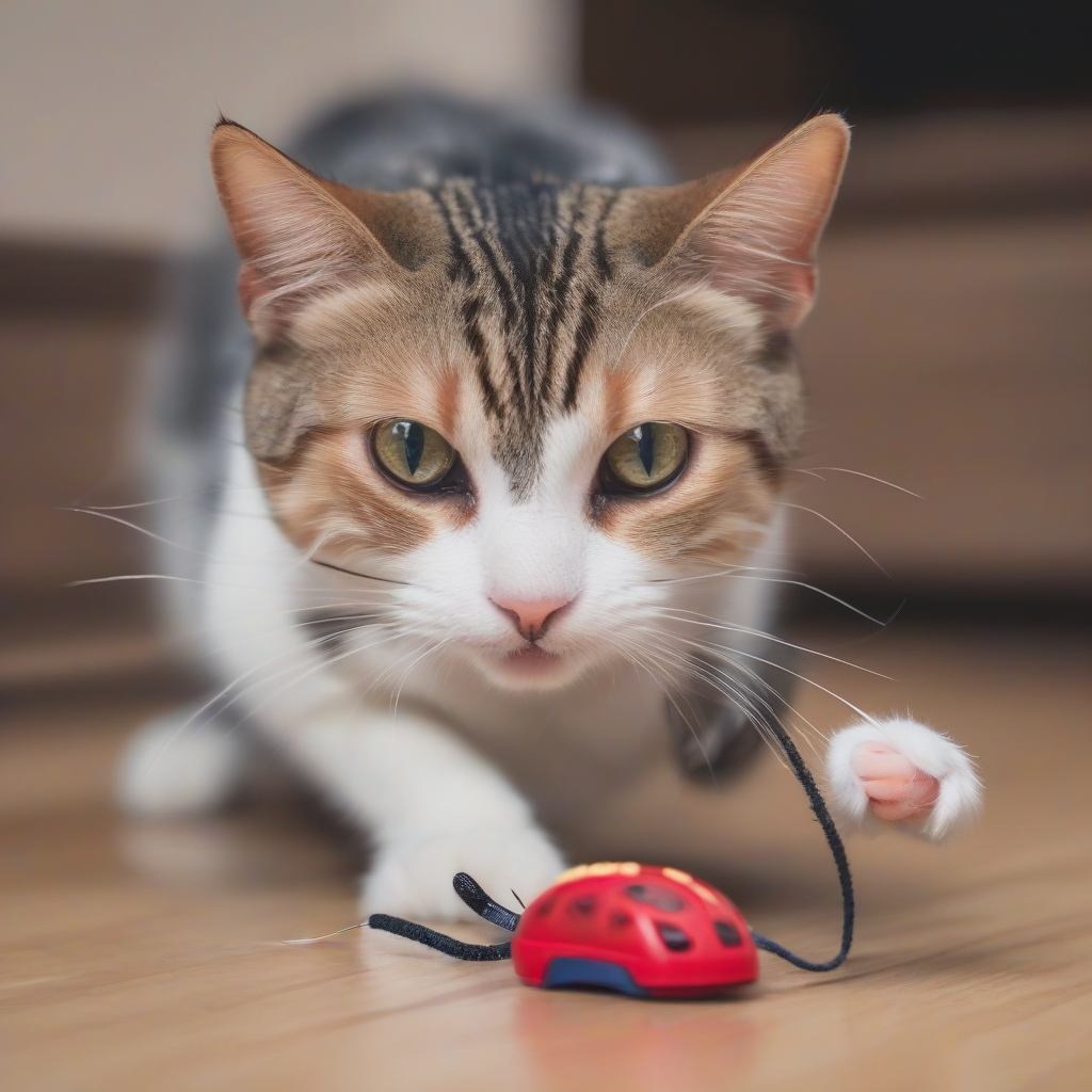 Cat playing with a toy mouse