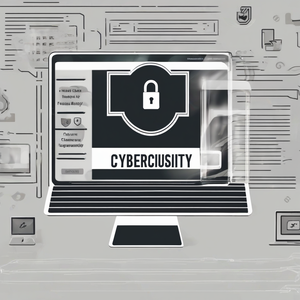 An image of a computer monitor with a lock icon and the text "Cybersecurity" displayed on the screen