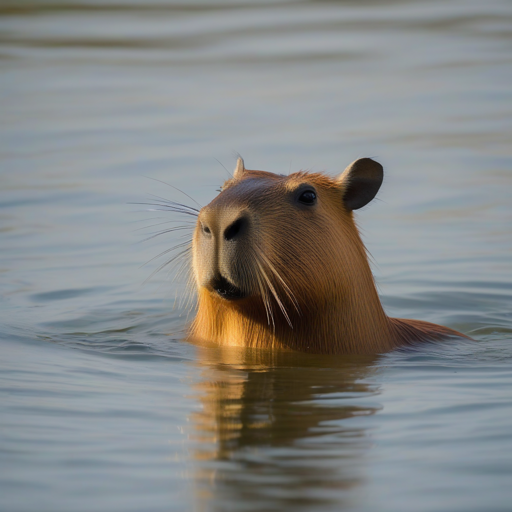 A capybara swimming in a lake, showing its webbed feet and sleek movement