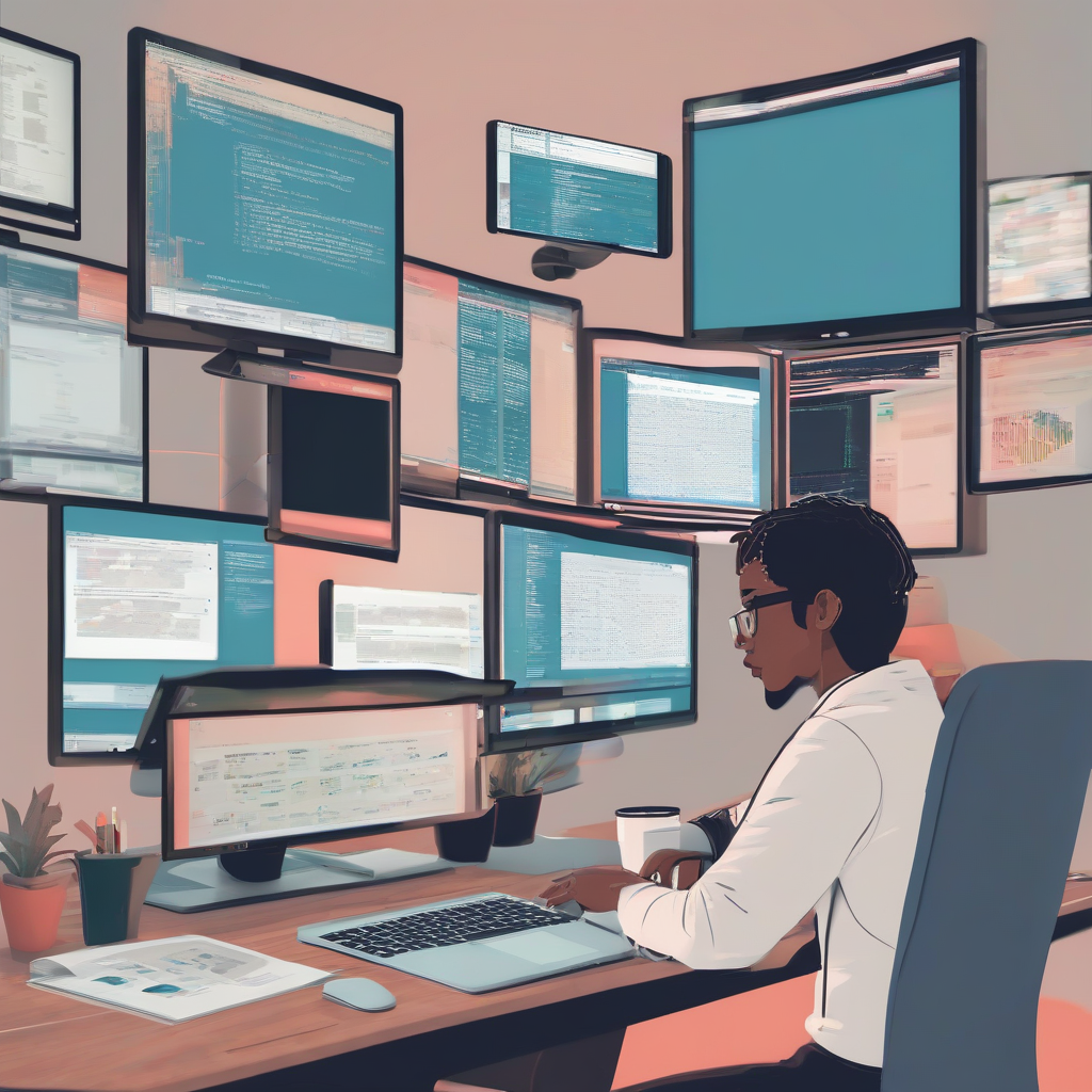 Image of a person working on a coding project with multiple screens