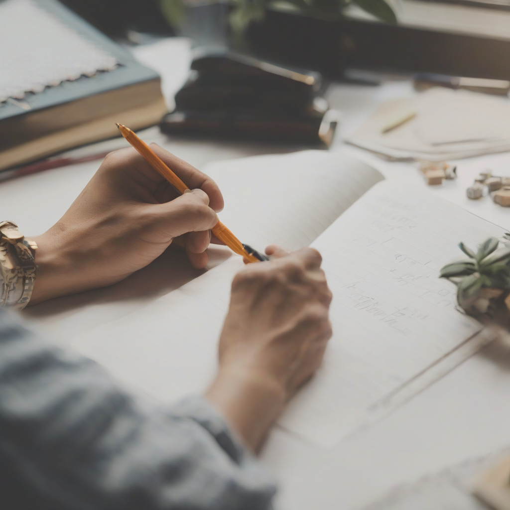 A photo of a person writing in a notebook