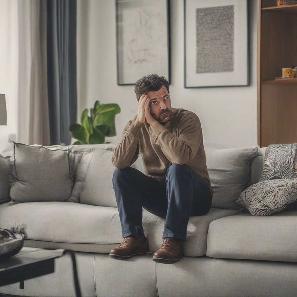 Man sitting on a couch looking confused