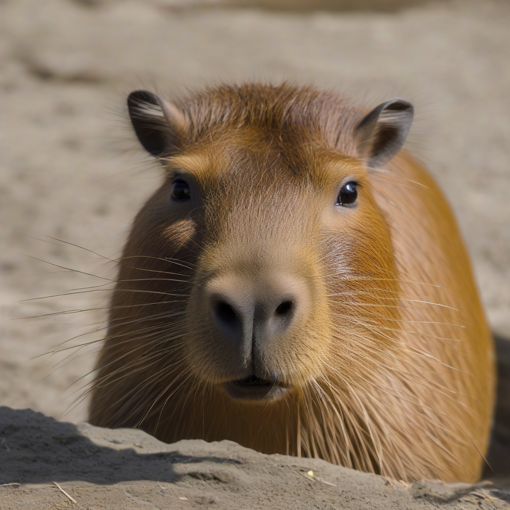 A close-up of a capybara's face, showing its eyes, muzzle, and whiskers