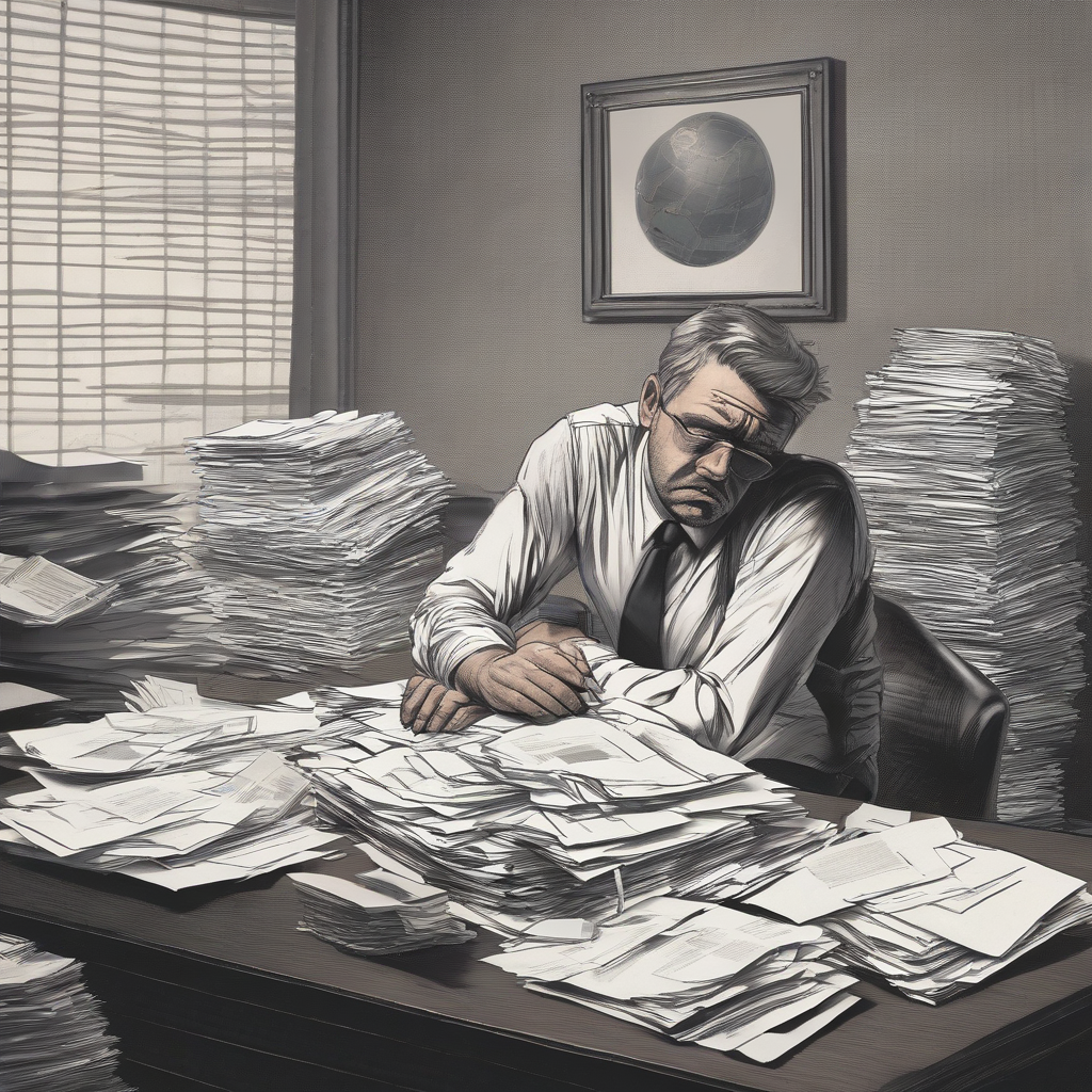 A man sitting at a desk with a pile of paperwork in front of him. He looks stressed and overwhelmed. 